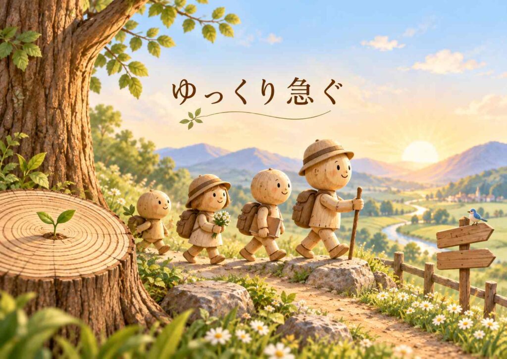年輪と木製の仲間たちが一歩ずつ進む、ゆっくり急ぐのイラスト
