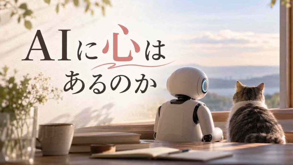 AIに心はあるのか。窓辺でロボットと猫が並んで外を眺める画像