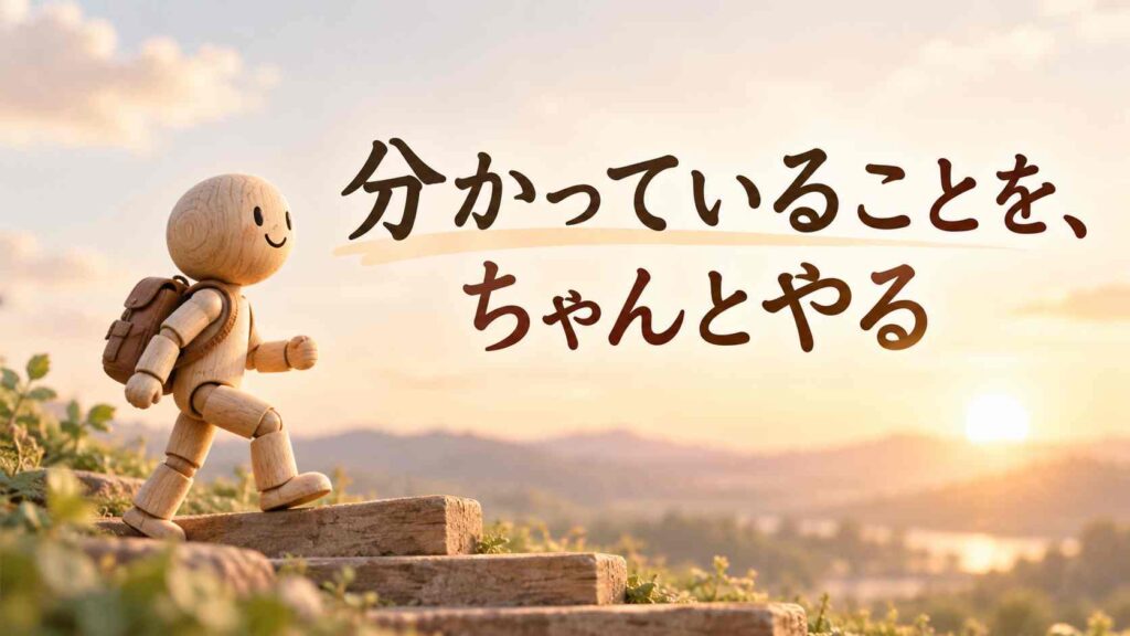 分かっていることを、ちゃんとやる。木の人形が階段を一歩ずつ上るイラスト