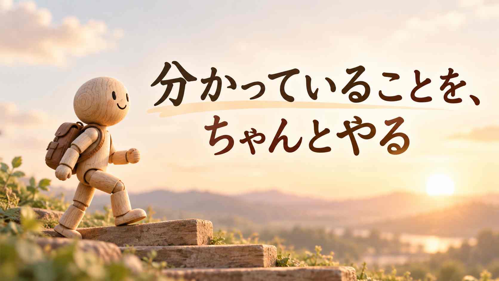 分かっていることを、ちゃんとやる。木の人形が階段を一歩ずつ上るイラスト